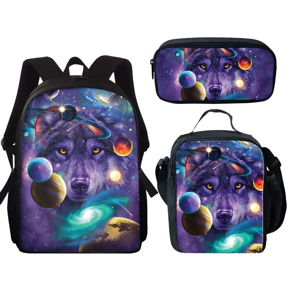 3 шт./компл., Детский рюкзак для девочек и мальчиков 15 дюймов, школьный портфель с принтом фиолетового галактического волка, сумка для ученик...