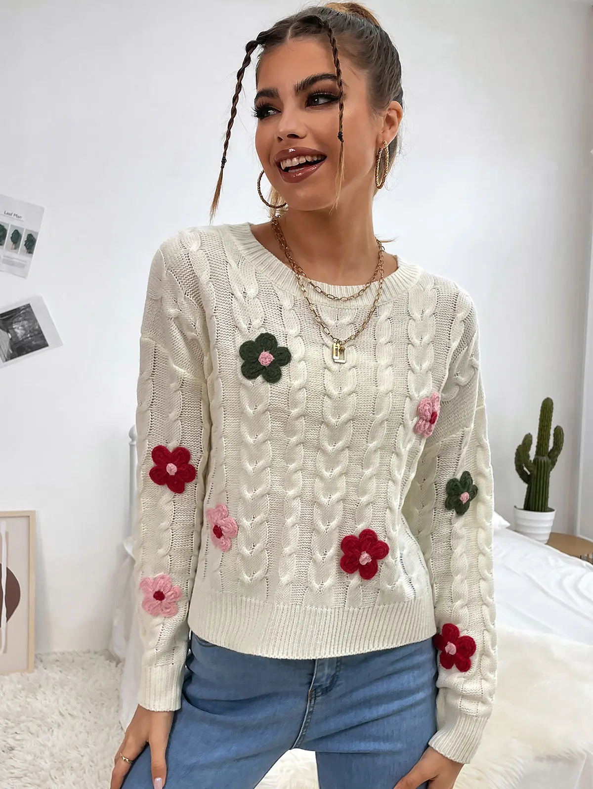 

ZAFUL Pull Taf Femme Crew Neck Floral Applique Cable Knit Sweater Women Winter Top 2022 Fashion