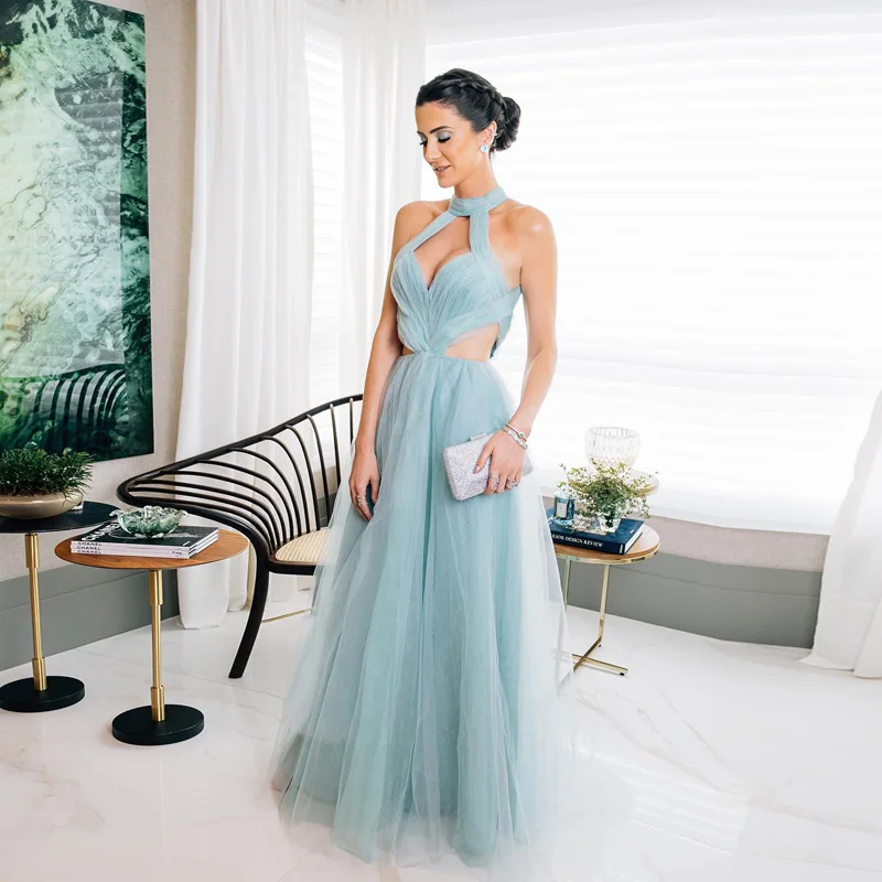 

Женское ДРАПИРОВАННОЕ ПЛАТЬЕ С Лямкой на шее, серое или синее длинное платье без рукавов с ажурной талией, праздничное платье до пола, плать...