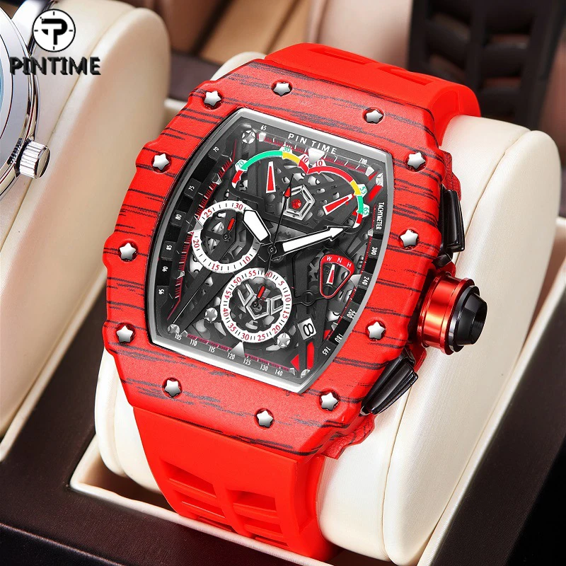 

PINTIME Quartz Watch Men Luxury Chronograph Hip Hop Watches Military Man Mens Red Wristwatch Clock Male Zegarek Meski Montre