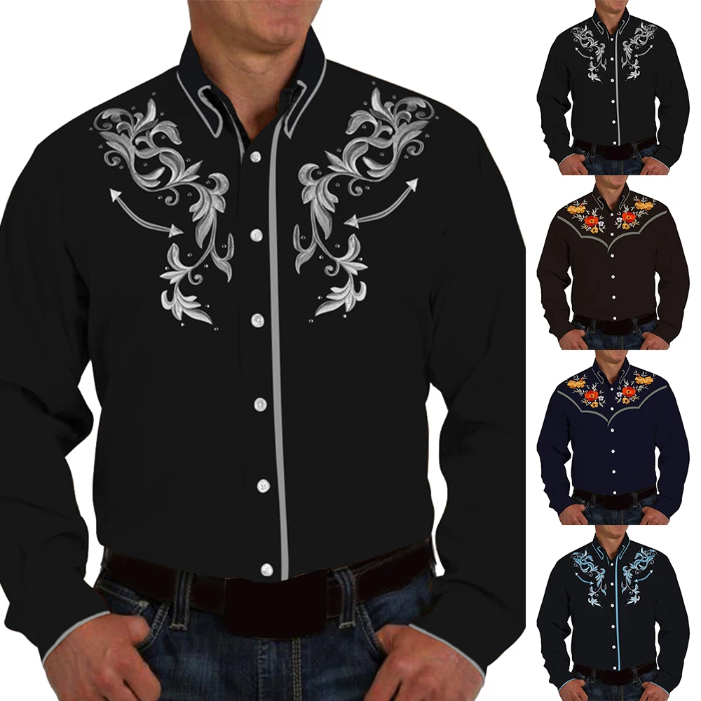 Fashion Men Western Printed Long Sleeve Shirts Spring Casual Loose Slim Button Down Dress Shirt Vintage Mens Tops
