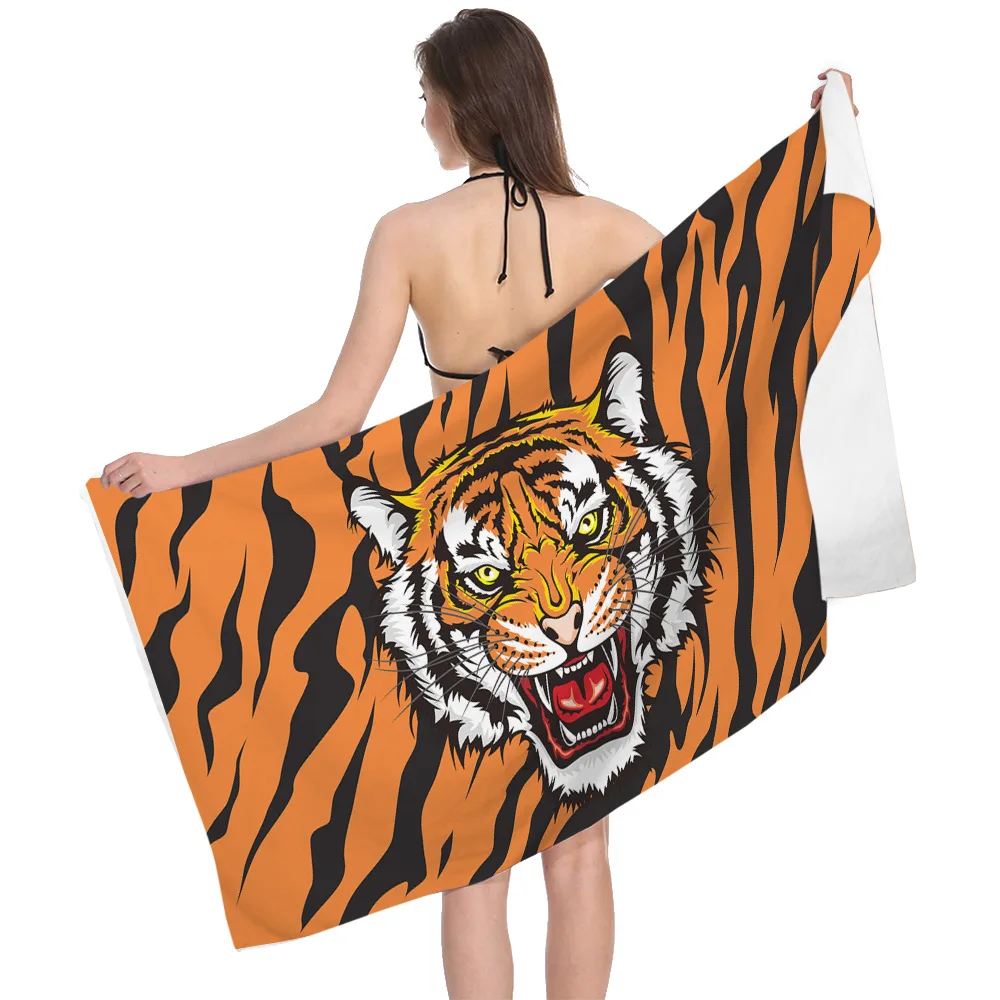 

Tiger Head Beach Towels for Women Men Cool Wild Animal Print Quick Dry Absorbation Portable Bath Towel Sunscreen Shawl Towel Pad