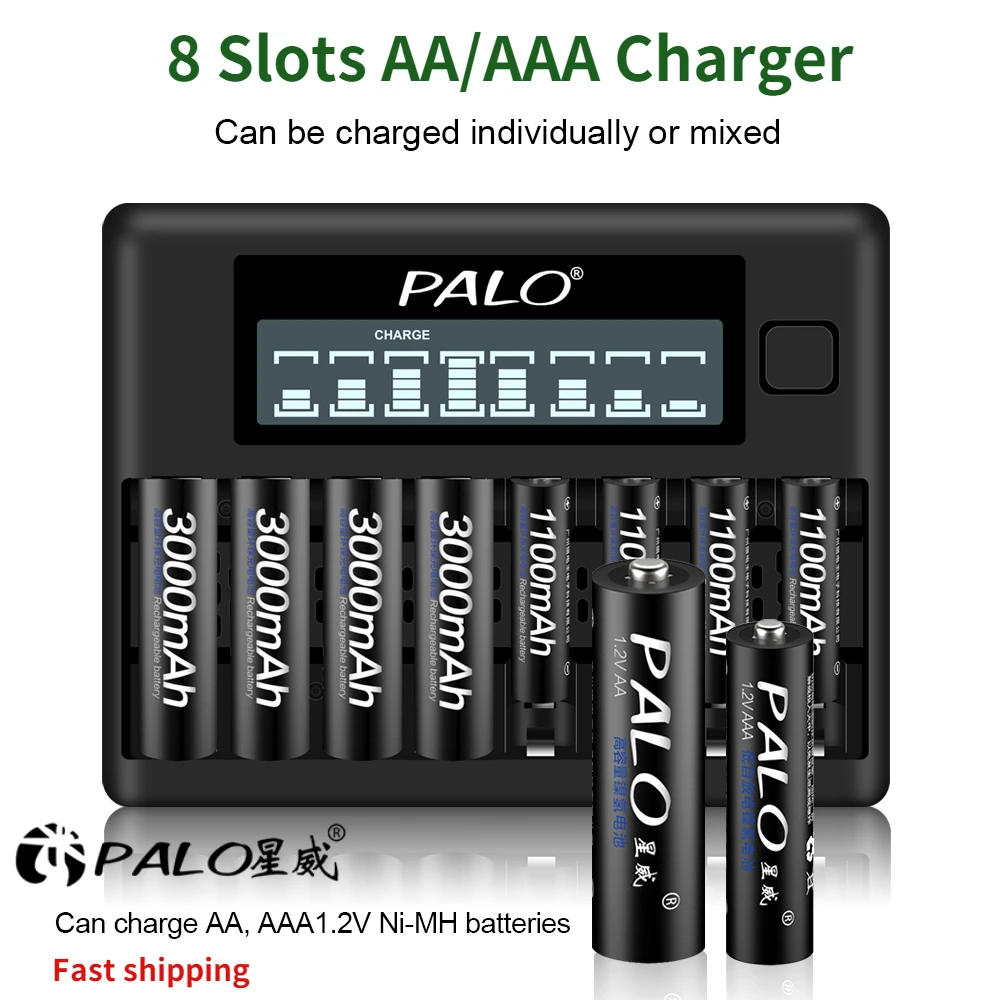 PALO 8 Slots 1.2V AA AAA Battery Charger LCD Smart USB Fast Charger For 1.2V AA AAA 2A 3A NI-MH NI-CD Rechargeable Battery