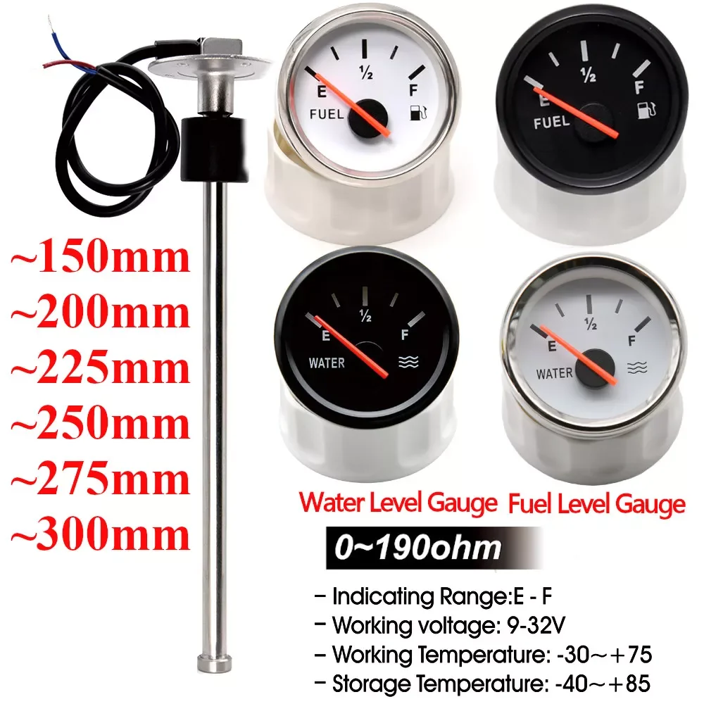 

52MM Fuel Level Gauge Water Level Sensor 300/275/250/225/200/150MM 0-190ohm Oil Liquid Tank Fuel Level Indicator Red Backlight