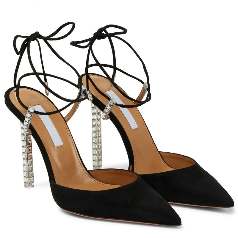 2023 European and American ladies new pointed high heels metal crystal heels sexy banquet suspender shoes