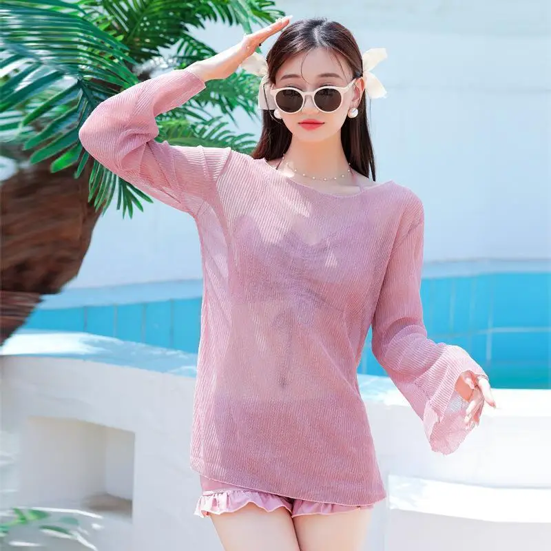

Xianqi Swimsuit Women's Ins Style 2023 Summer New Sexy Split Belly Covering Three-piece Cover-up Long-sleeved Slim Swimwear