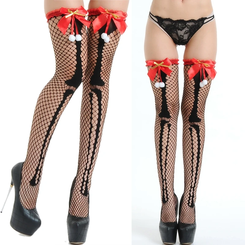 Women Christmas Fishnet Thigh High Stockings Skeleton Ruffled Bow Over Knee Sock