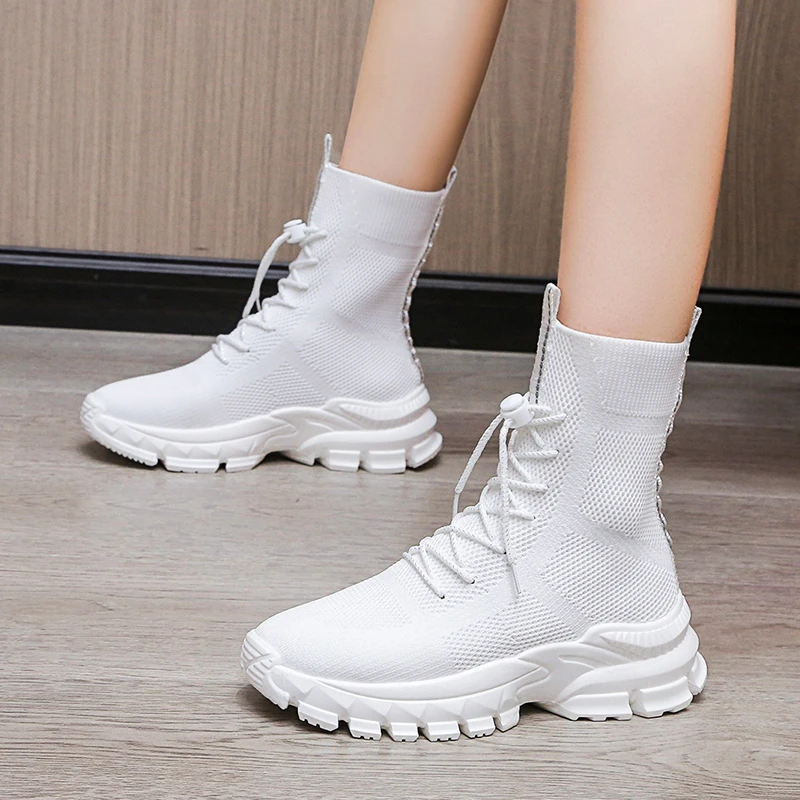 White Boots 2023 Knit Elastic Boots Women's Shoes Fashion Casual Ankle Boots Women's Fall/winter New Socks Boots Women's Shoes