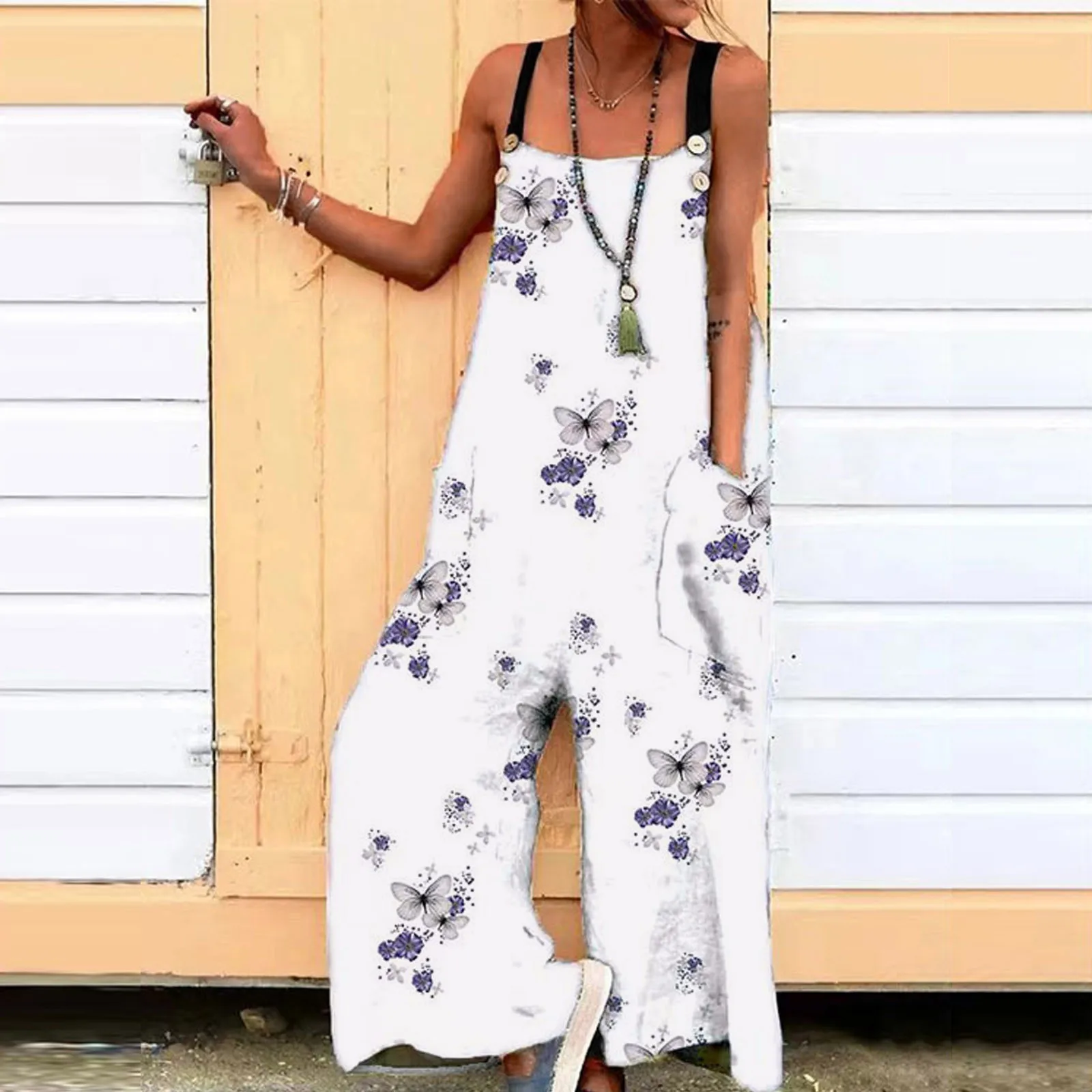 

Casual Pocket Women Romper Strap Printed Oversized Playsuit Button Long Jumpsuit Women's Jumpsuit Cover Ups