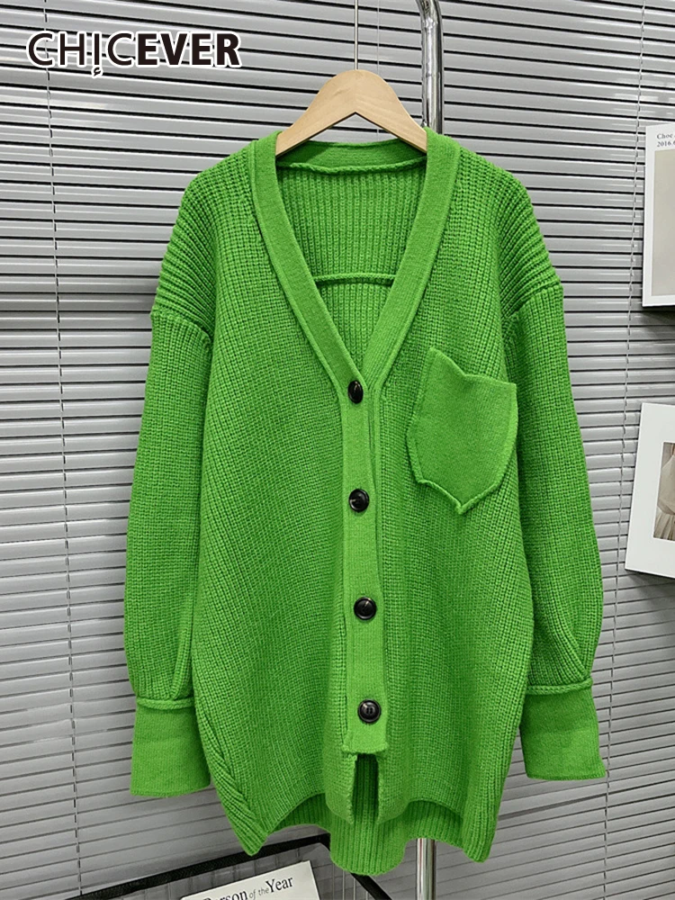 

CHICEVER Minimalist Knitting Cardigan For Women V Neck Long Sleeve Single Breasted Patchwork Pocket Solid Loose Sweater Female