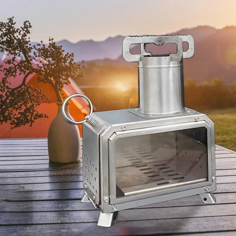 

Портативная дровяная плита для кемпинга, портативная уличная дровяная плита с дымовой трубкой для приготовления пищи, кемпинга, палатки, пе...
