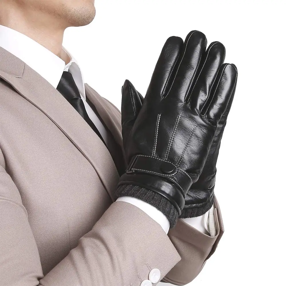 GOURS Winter Real Leather Gloves Men Black Genuine Sheepskin Touch Screen Gloves Wool Lined Warm Soft Knit Cuff Driving GSM057