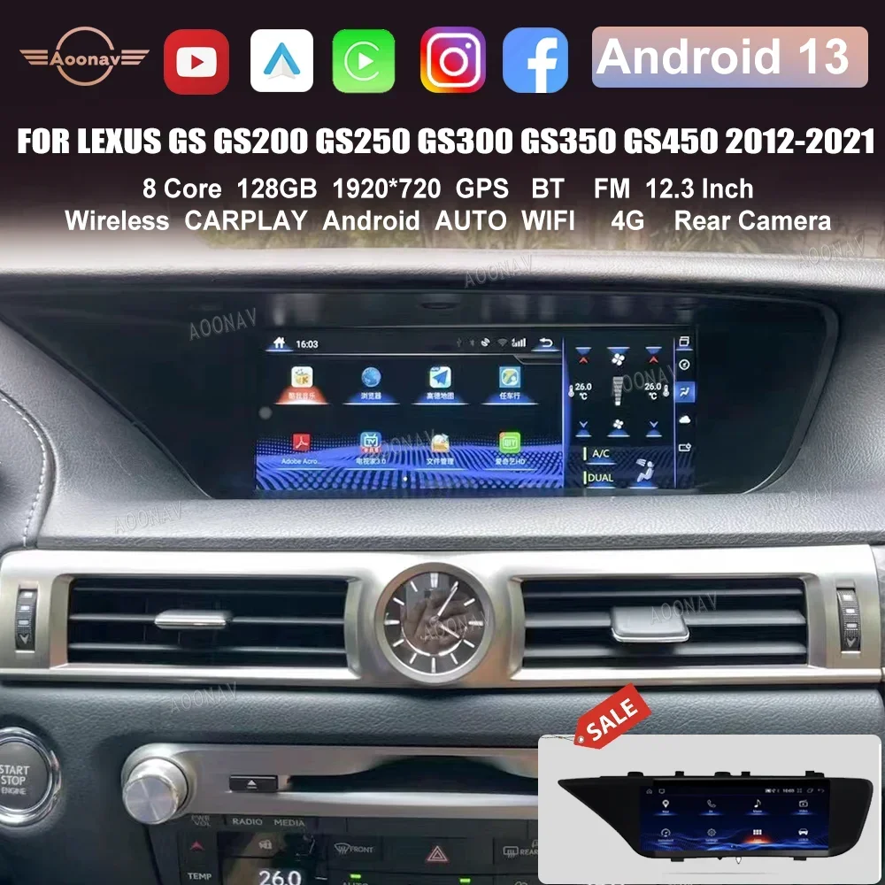 

128G Android 13 Car Multimedia Player For Lexus GS GS200 GS250 GS300 GS350 GS450 2012-2021 Stereo Radio GPS Navigation CarPlay