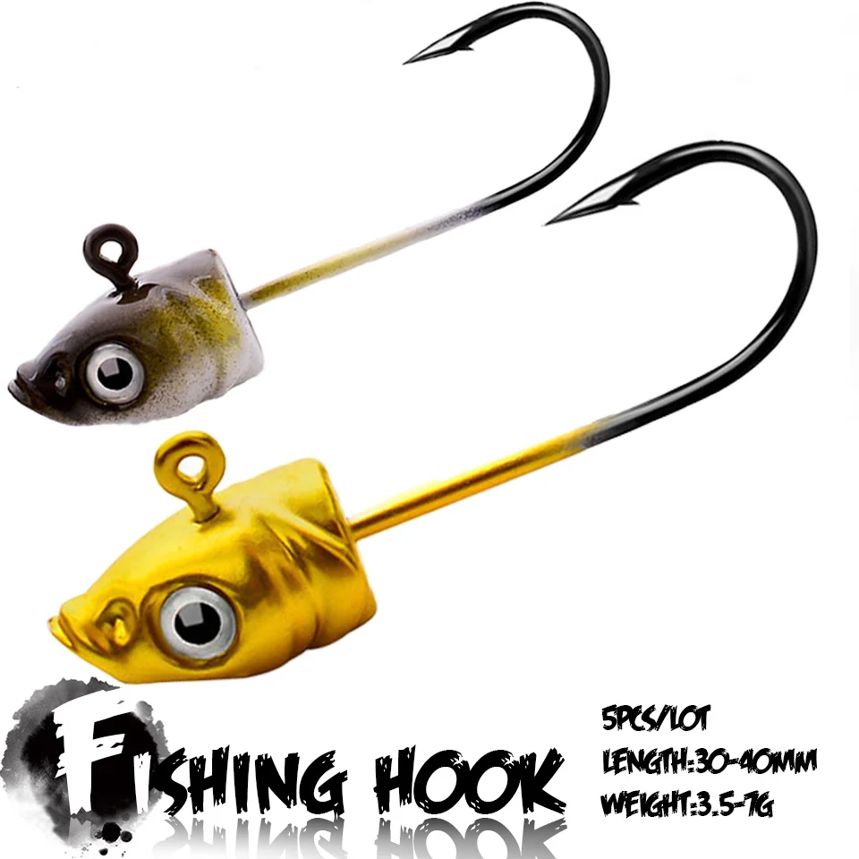 

5Pcs/Lot 3.5G 5G 7G Fishing Hook Sharp Tip Barbs Bionic Fish Head Lead Jig Head Soft Bug Hook Pike Pesca Fishing Tackles