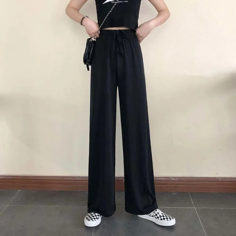 Wide Leg Pants Women Pure Black Lace-up Korean Style Loose Leisure High Waists Female Spring Long Daily Trousers Streetwear Fall