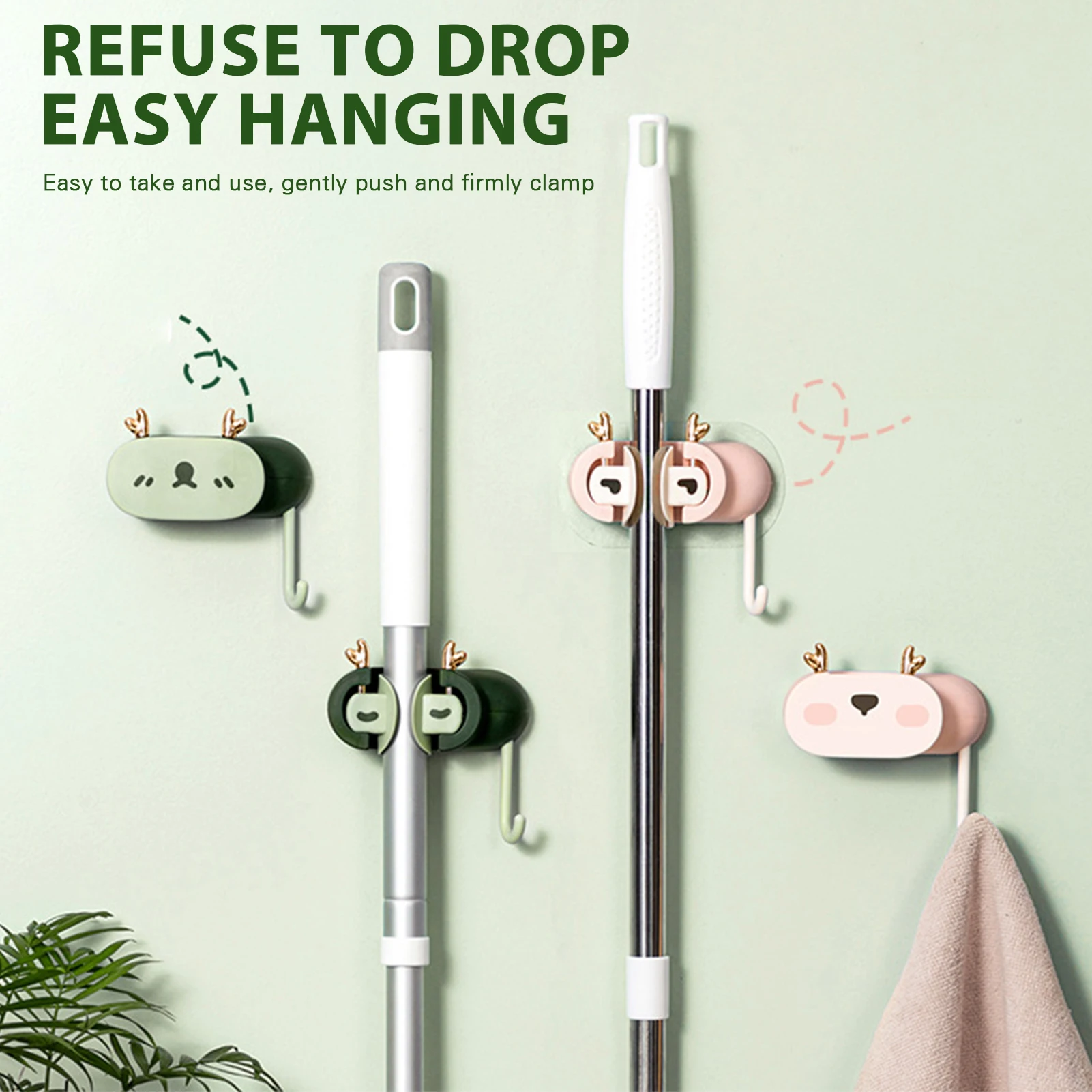 

Newest Cartoon Wall Mount Mop Holder Self-Adhesive Punch-Free Mop Storage Hook Mop Clips for Home Bathroom Kitchen Mop Gripper