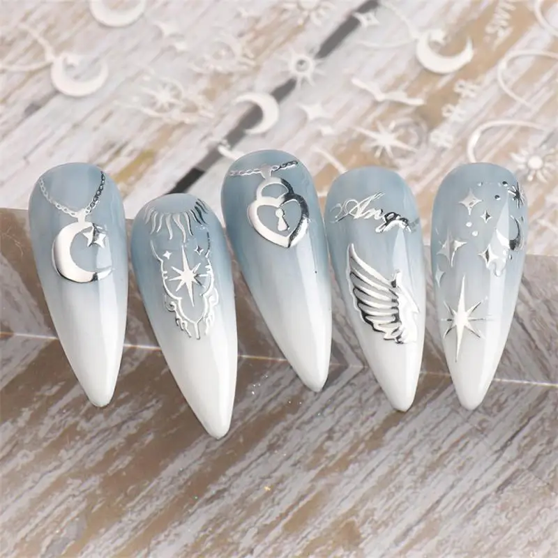 

Sliver Nails Stickers Mental Sun Moon Star Lock Angel Wing Decals Nail Charms 3D Adhesive Sliders Spring Decor Accessories SLSWT