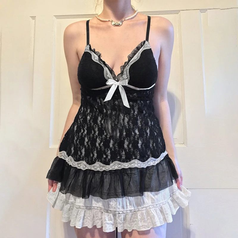 

Короткое Прозрачное платье E-girl на бретельках с открытой спиной, милое кружевное платье с бантом и V-образным вырезом, Y2K сказочная одежда для...