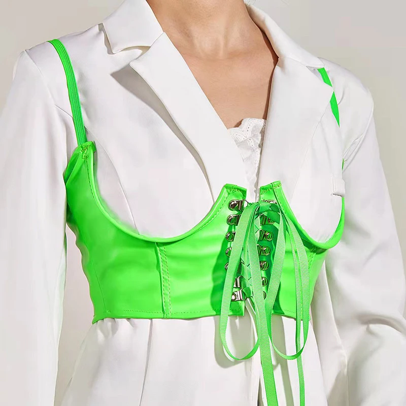 

New Fashion Sexy PU Leather Corset Gothic Punk Lace-Up Bandage Cummerbunds Women Crop Top Suspender Belt Solid Color Shaper Top
