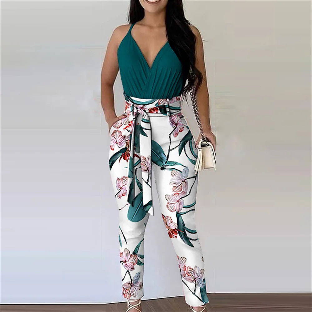 

Women Summer Two Piece Sets Casual V Neck Sleeveless Solid Tank Top Bodysuit with Lace-up Pants Commute Suit Sets