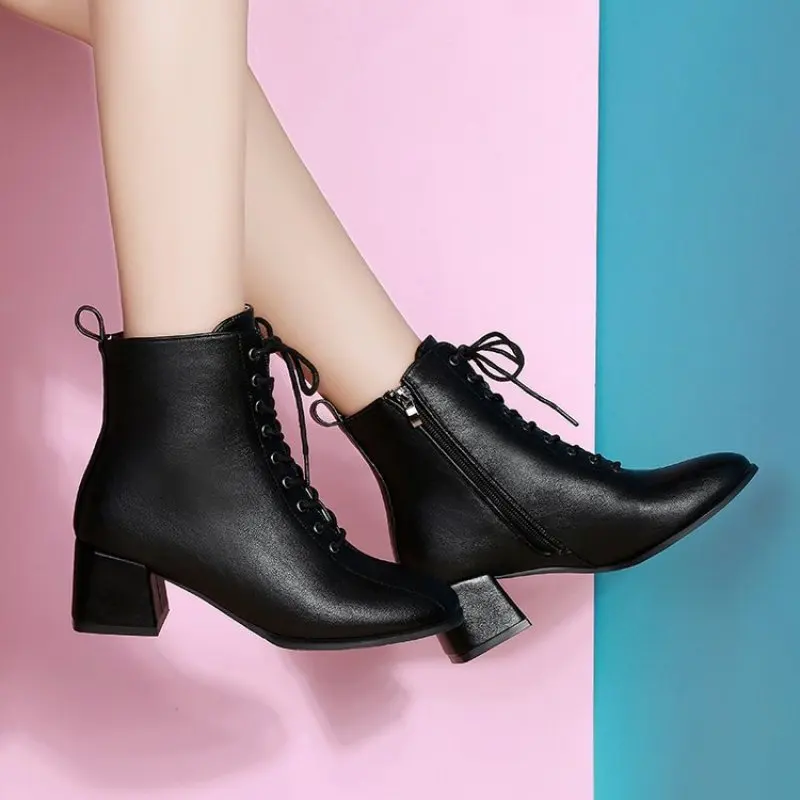 Women's Winter Warm Velvet Short Boots British Style Vintage Bandage Zipper Square Heel PU Leather Shoes Lady Black Matin Boots