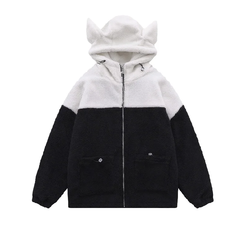 Rainbowtouches Winter Thicken Fleece Men Women Parkas Warm Jacket New Streetwear Fashion Patchwork Thermal Rabit Ear Hooded Coat