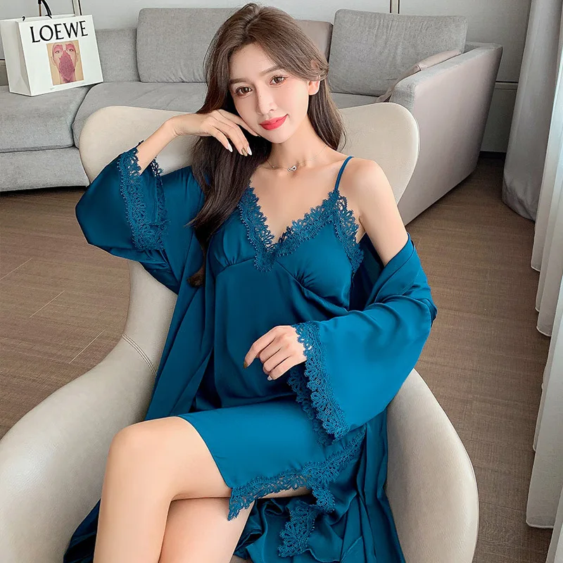 

2023 Women Pajamas Robes Sleepwear Nightgowns Nightdress Lace Smooth Soft Comfortable Casual Pure Deep V Sexy Wedding Dressing