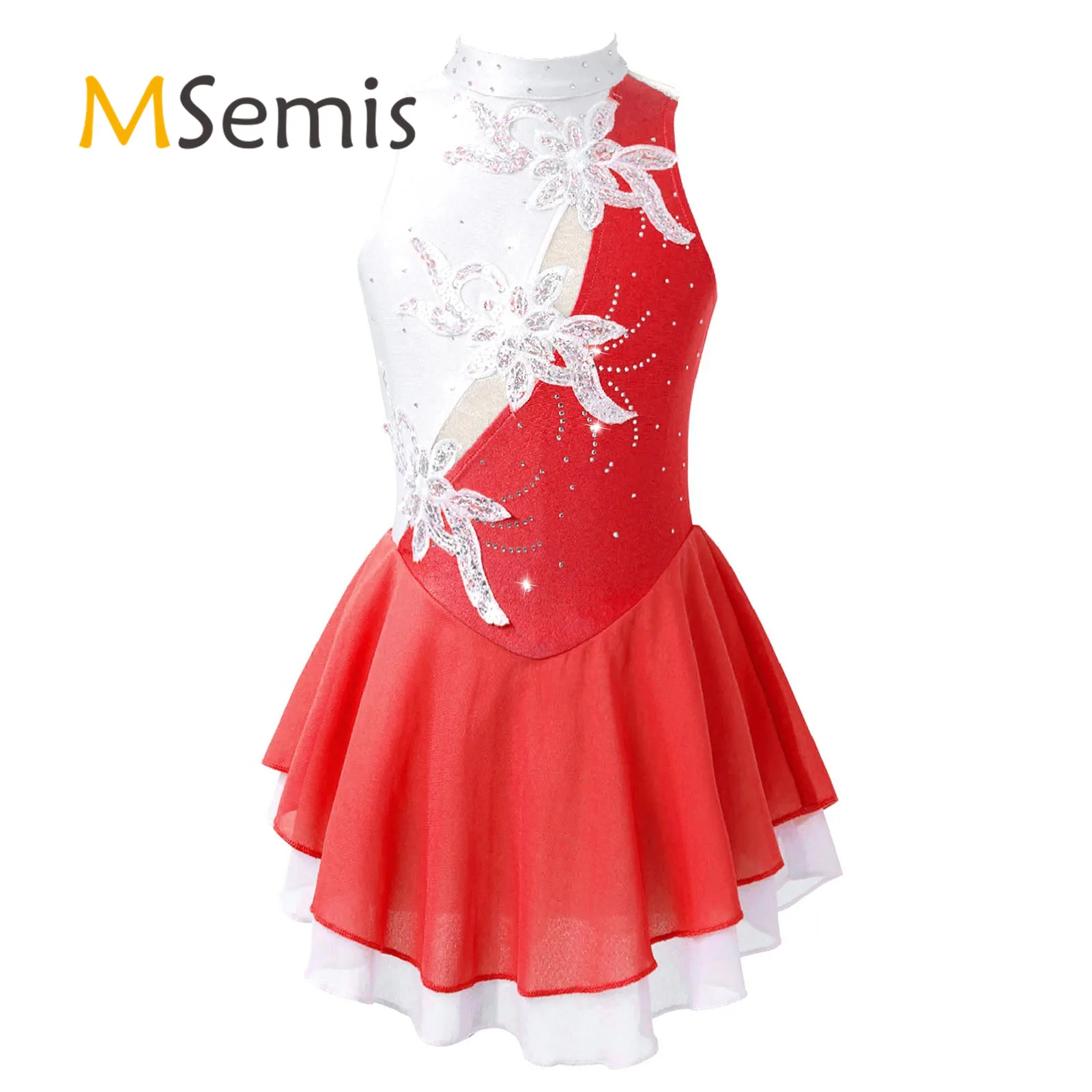 

Kids Girls Ballerina Tutu Dance Dress Floral Decorated Hollow Back Dance Dress Shiny Sequins Sleeveless Ballet Dancewear Costume