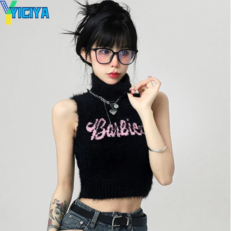 

YICIYA Woman Vintage Knit High Neck Sweater Vest Sleeveless Streetwear Casual Chic Lady Letter Sweaters Pullovers Tops Women Y2k