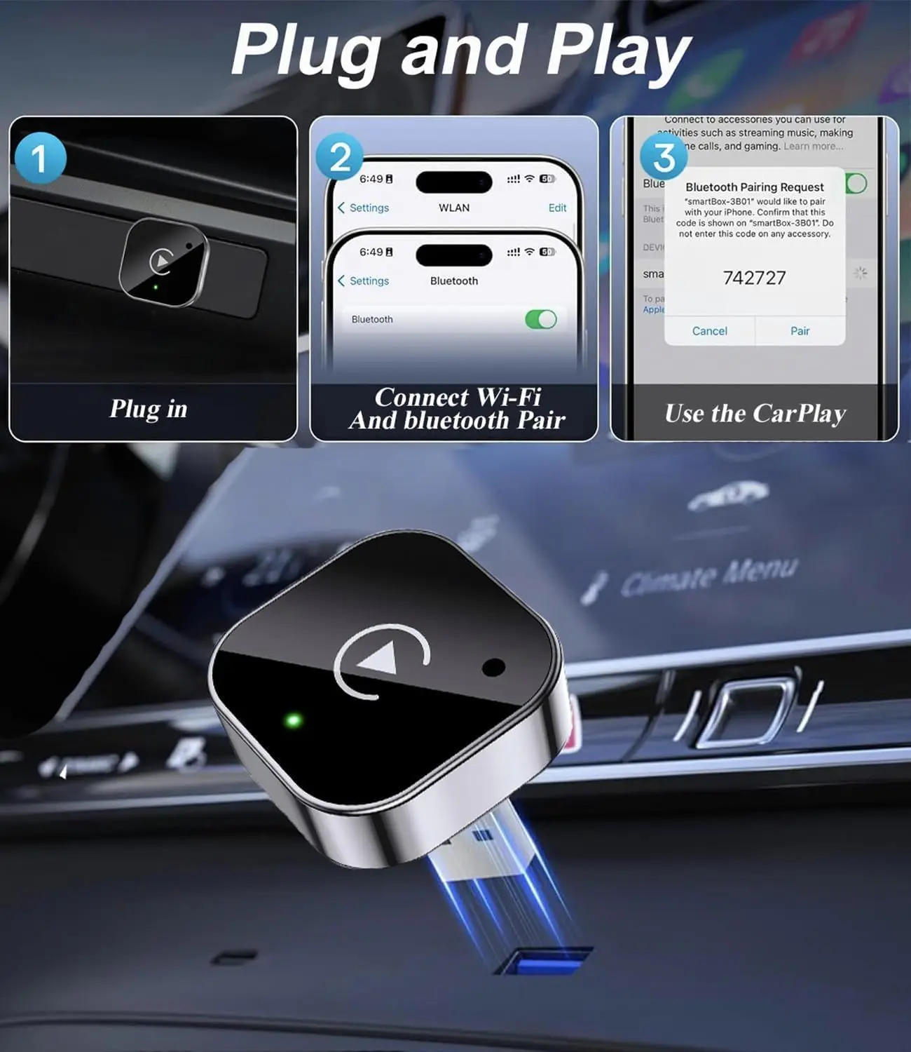 Фото Адаптер 2-в-1 для беспроводного CarPlay и Android Auto, ультракомпактный донгл, преобразующий проводное подключение в беспроводное, с поддержкой WiFi 6 и Bluetooth 5.4 №5