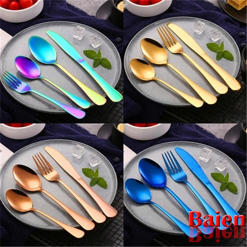 

4PCS Colorful Tableware Forks Spoon Set Stainless Steel Upscale Dinnerware Flatware Cutlery Fork Teaspoon Kit Gold Accessories