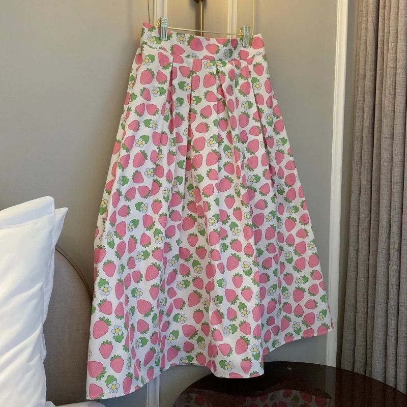 

HOUZHOU Strawberry Print Long Skirt Women Korean Fashion Cute Elegant Pink High Waist A-line Floral Midi Skirt Summer Vacation