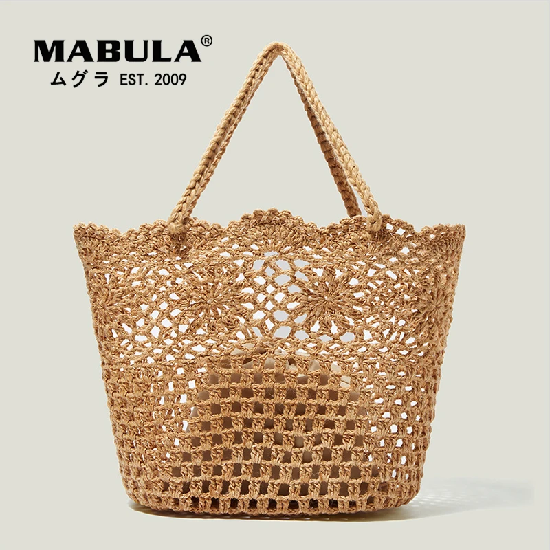 

MABULA Handwoven Casual Vacation Beach Bags Hollow Women Woven Bucket Totes Female Bohemian Straw Handbags For Summer
