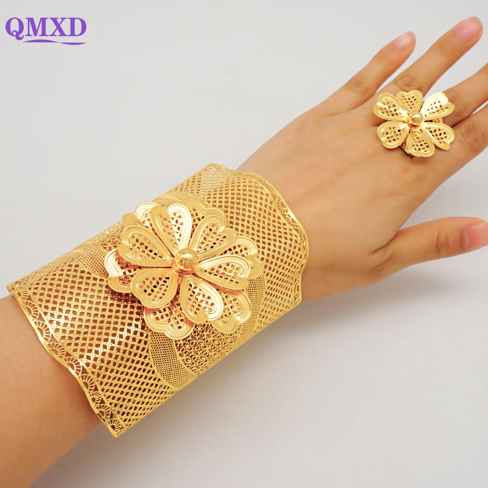 

Luxury Female Big Gold Color Bangles & Ring For Women Dubai India Bracelet Moroccan Big Bracelet Arabic African Wedding Gifts