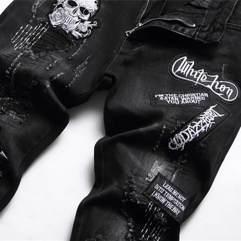 New Ripped Black Jeans Men's Hip-hop Fashion Skull Embroidery Slim Stretch Pants Nightclub Motorcycle Trend Clothing Streetwear