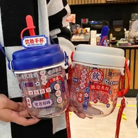 hong kong style portable vintage fat cup ins cute milk tea cup with straw strap student retro personality water bottles new
