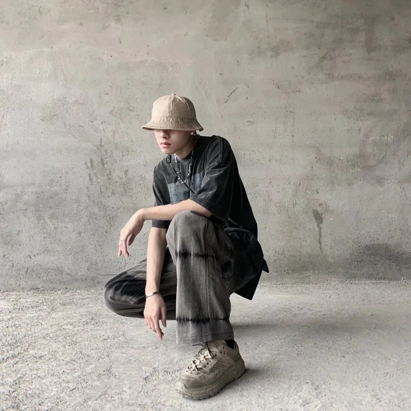 DEEPTOWN Y2K Black Jeans Men Streetwear Straight Denim Pants Loose Casual Fashion Trousers Male Hip Hop Patchwork Distressed