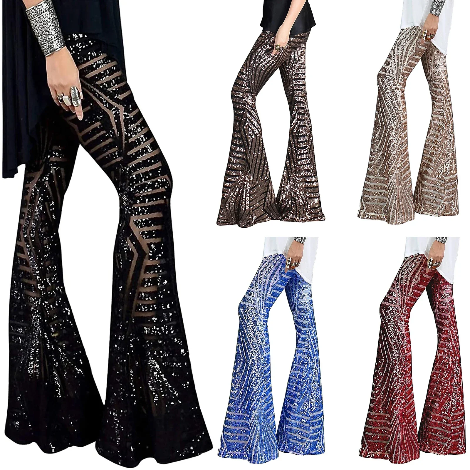 

Women Loose Wide-leg Pants Adults Casual High-waisted Sequin Trousers Black / Apricot / Brown / Red Blue