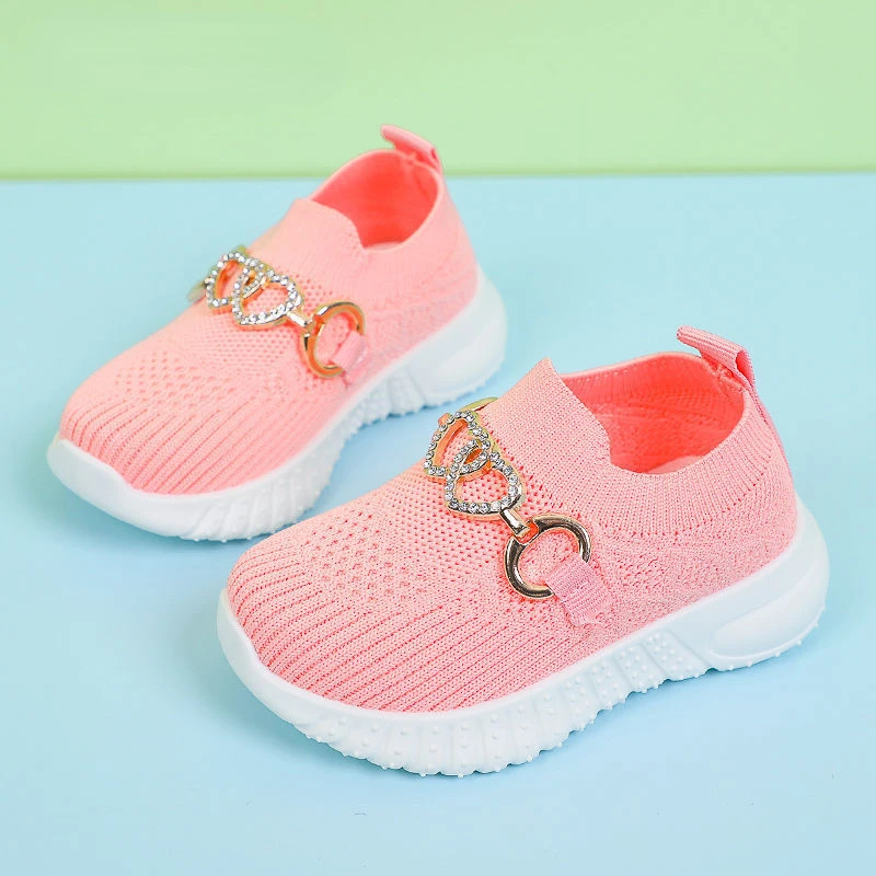 Soft Bottom Non Slip Toddler Kids Running Shoes Metal Chain Girls Sport Shoes Heart Mesh Knitted Breathable Children Sneakers