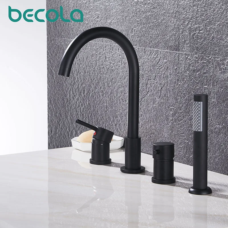 becola 4pcs brass bathroom bathtub faucet bath faucet deck mounted handheld tubtap cold hot mixer water tap with hand shower free global shipping