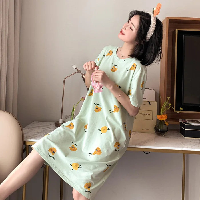 Women Nightgowns Cotton Nightdress Cute Cartoon Nightwear Sweet Princess Short Sleeve Sleepwear Loose Spring Homewear Nightshirt