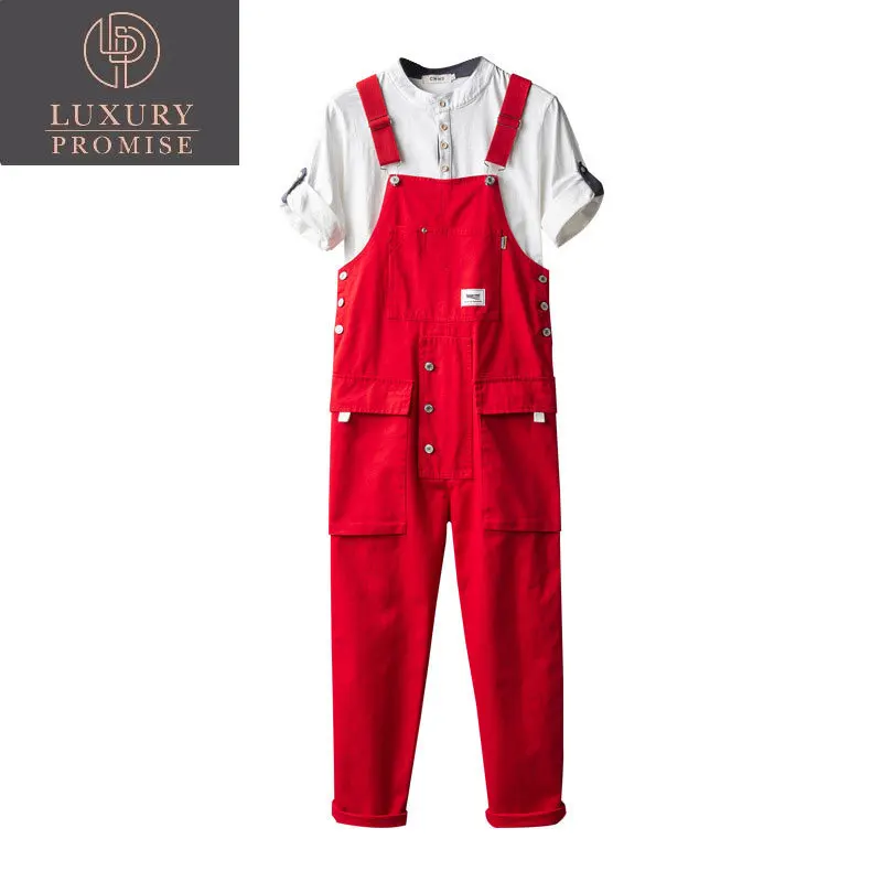 

Overalls Bib Jumpsuit Cargo Pants Men Red Loose Straight Big Pocket Freight Hip Hop Streetwear Rompers Casual Trousers