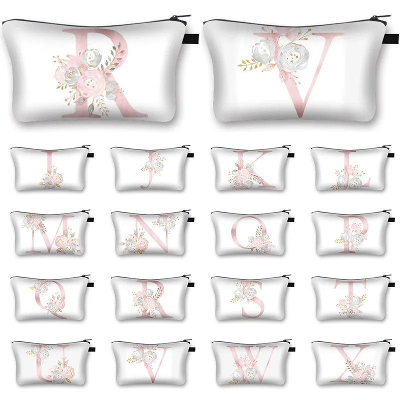 

Flowers Alphabet Printed Toiletry Bag 26 Initials Cosmetic Bags Women Portable Travel Zipper Purse Sanitary Napkin Bag For Girls
