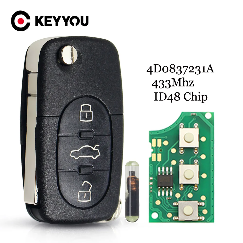 

KEYYOU For Audi A3 A4 A6 A8 B5 TT RS4 Quattro 1994 - 2004 Old Models 433Mhz ID48 Chip HU66 Car Remote Flip Key 4D0837231 A K N