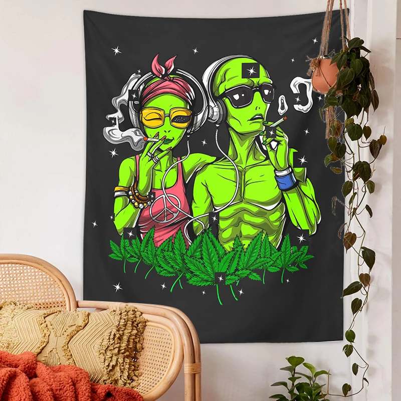 

Psychedelic Alien Tapestry Bohemian hemp leaves Hippie Art Wall Hanging Living Room Home Cartoon Dormitory Decoration