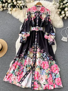 GLCMYAYA Women Chic Floral Printed Long Sleeve Belt High Waist Single Breasted Turn-down Collar Big Swing Dress Shirt Dresses 1