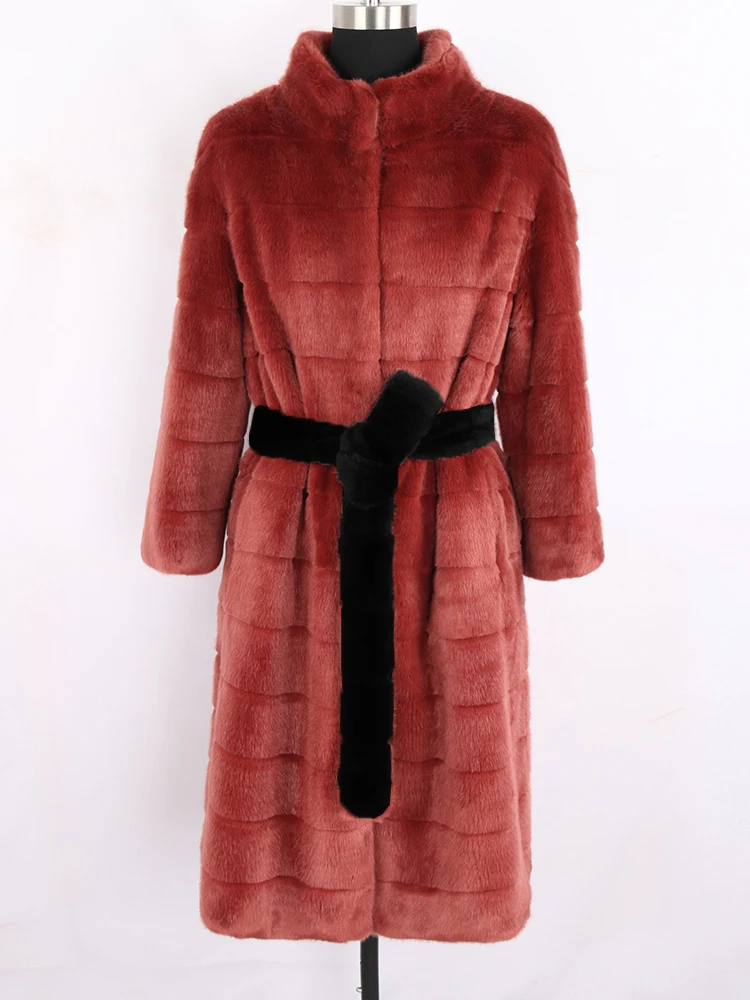 Nerazzurri Winter Long Thick Warm Striped Fluffy Faux Fur Coat Women 3/4 Sleeve Belt Plus Size Elegant Luxury Fashion 6xl 7xl