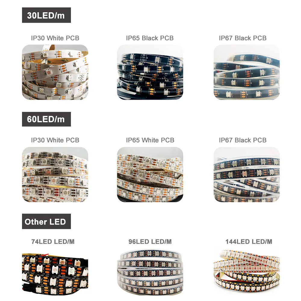 Фото Светодиодная лента DC5V WS2812B с индивидуальной адресацией 5050 RGB Smart Pixels Magic Strip Черно-белая печатная плата Водонепроницаемая IP30 65 67 №3