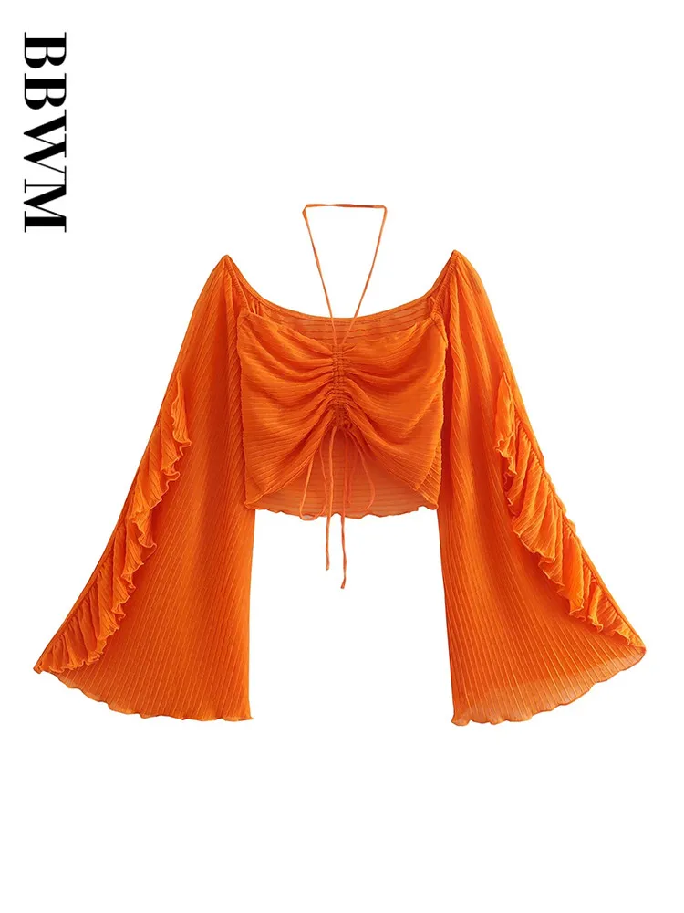 Женская укороченная блузка с лямкой на шее коротким рукавом-фонариком |