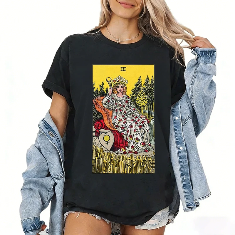 Фото Рубашка Таро Райдер-Велика, женская футболка Mujer Camisa, карта загадочного созвездия, лунная звезда, футболка с изображением королевы Таро №1